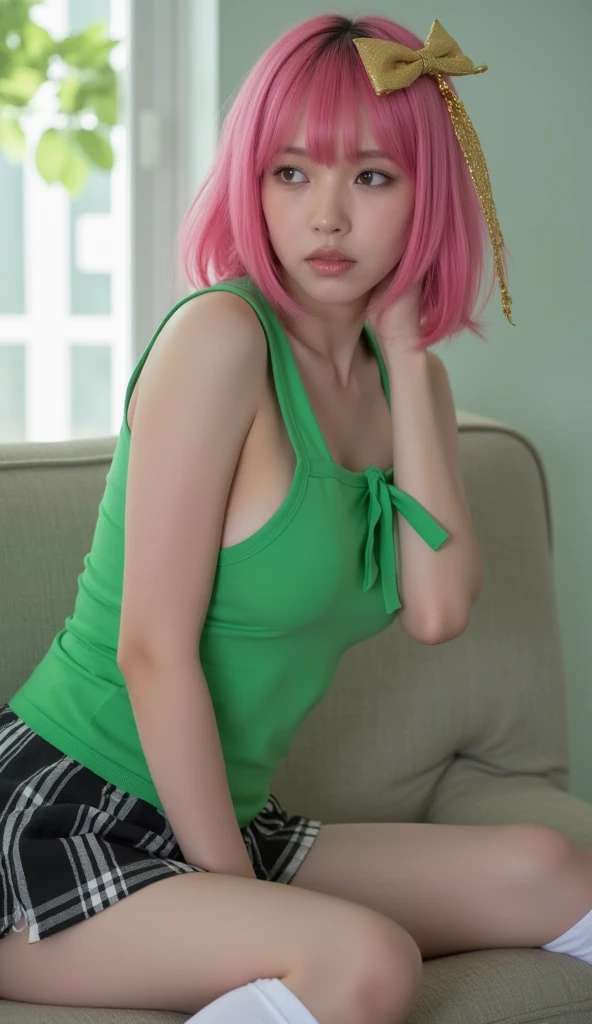 (disable censorship), (realistic photo), (masterpiece), (high quality), (ultra hd), cute chinese girl wearing christmas elf cosplay, blond-pink gradient hair, wearing green top, wearing green skirt, wearing red-white striped socks, seductive, sitting on bed, small boobs, small breasts, spreading legs, touching her shaved pussy, showing pussy, bedroom
