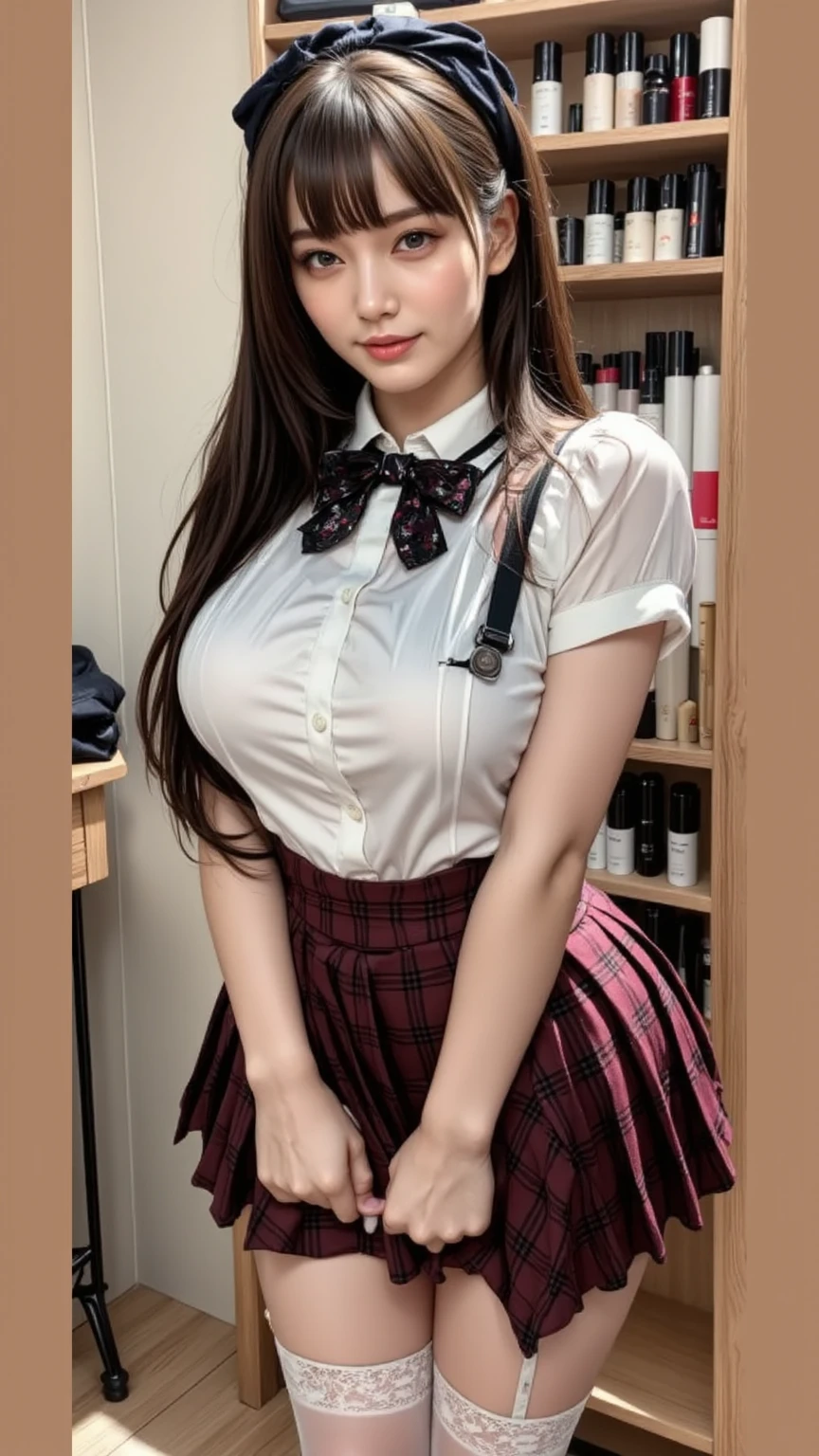 (NSFW:1.5)、Detailed CG Unity 8k wallpapers、Highest quality、Photorealistic、Bright lighting、Very cute woman、17 years old、high school girl、high school girlアイドル、Fair skin、Captivating Eyes、((Droopy eyes))、(Watery eye:1.3)、((Ecstasy face))、Please open your mouth a little、blush、Face Light、(Long pink hair with bangs:1.3)、Earrings、necklace、Glowing Skin、((Big Breasts))、((Perfect Anatomy、Perfect limbs、Thin fingers))、(His arms are tied with ropes:1.3)、(Put your arms above your head:1.5)、(Red bow tie around neck:1.5)、((White short sleeve shirt:1.5)、((The chest of the white shirt is wide open、the udder is completely exposed,:1.6))、((The chest of the white shirt is wide open、Nipples fully exposed:1.6))、(Nipple Piercing Rings)、((Navy tartan pleated mini skirt:1.6))、(Blue tartan pleated mini skirt:1.6)、((Spread your legs wide:1.5))、((Raising both legs:1.5))、((Her white lace panties with holes are exposed:1.3))、(From white lace panties with holes、I can see a beautiful pussy:1.5)、(I can see a beautiful pussy:1.5)、 (Small labia minora visible:1.3)、(I can see the small clitoris:1.3)、(Focus on the vagina:1.3)、(From below:1.3)、(very skinny legs)、(Beautiful feet)、In the school classroom、