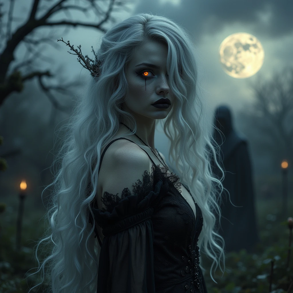 In the moonlit graveyard、Sexy female reaper dressed in black robe、Standing with a bone-like sickle。From the deep slit of the robe、White skin peeking out。Long silver hair dancing in the wind、His red eyes shine coldly in the darkness。In the background are old gravestones and a quiet mist.、There is a mysterious and calm atmosphere。Her expression is calm yet seductive.、Immerse your audience in a deep meditation。Aiming for realistic depictions、The photo is in the highest resolution(8k)Please。