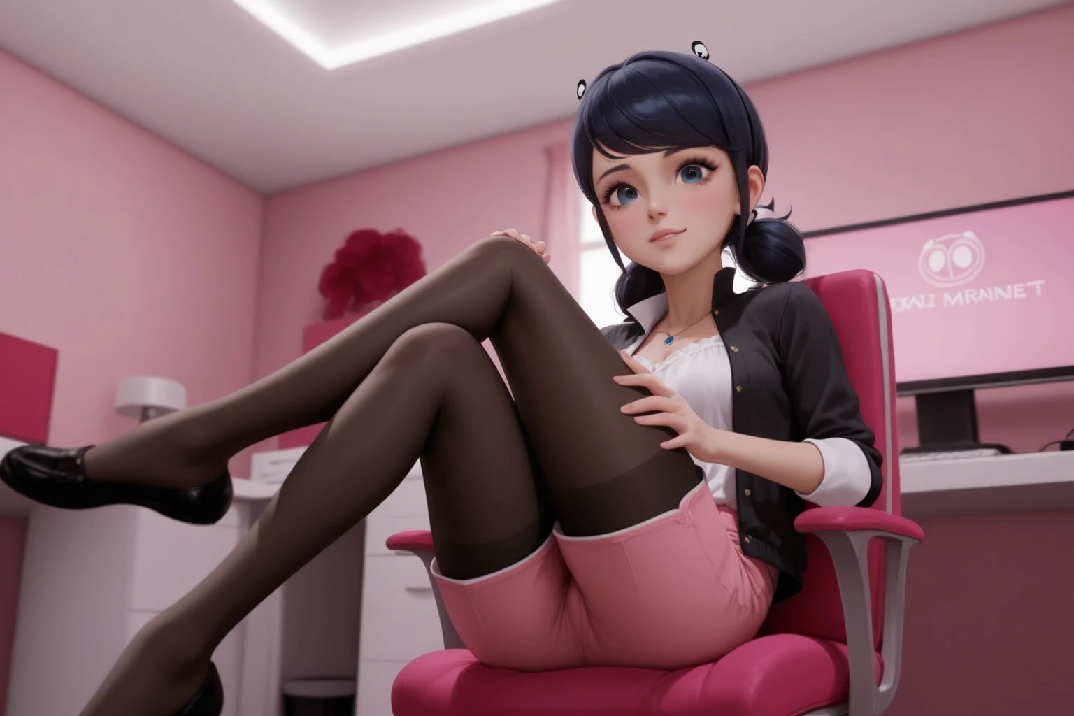 merula, sitting on a chair, gaming chair, sexy pose, sitting pose, pink high heels, sexy sport bra, sexy sport panties
