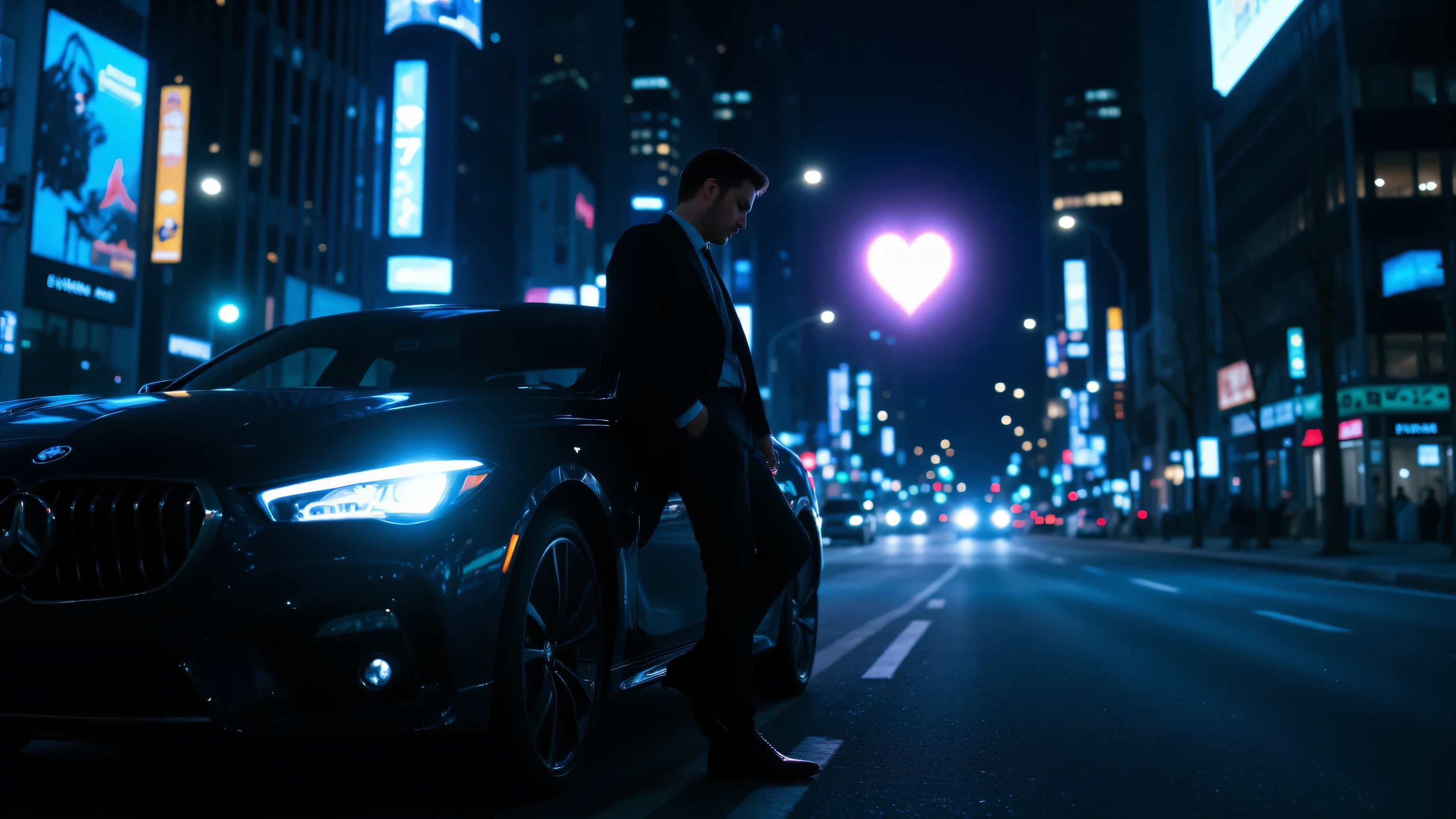 High quality, realistic photo. 4k image. Night city, a man leaning against a car is waiting for something, a heart is visible in the distance
