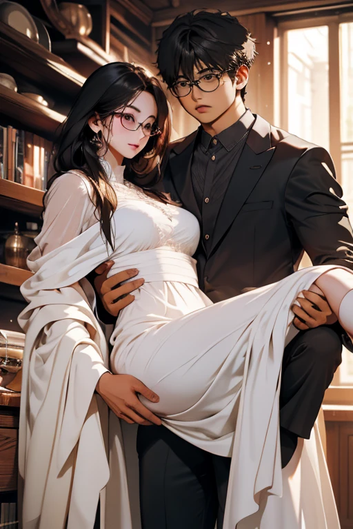 (mejor calidad) 19-year-old man of Mexican nationality, 174cm tall and a little fat, round but manly face, dark skin with semi-round glasses, brown eyes, short haircut on the sides and long on top, a slightly long hairstyle, elegant clothes on the side, kissing a girl 154 years old 19 white brown eyes dark brown hair color long to the back and small waist small hips a little big just like her legs Colombian nationality.