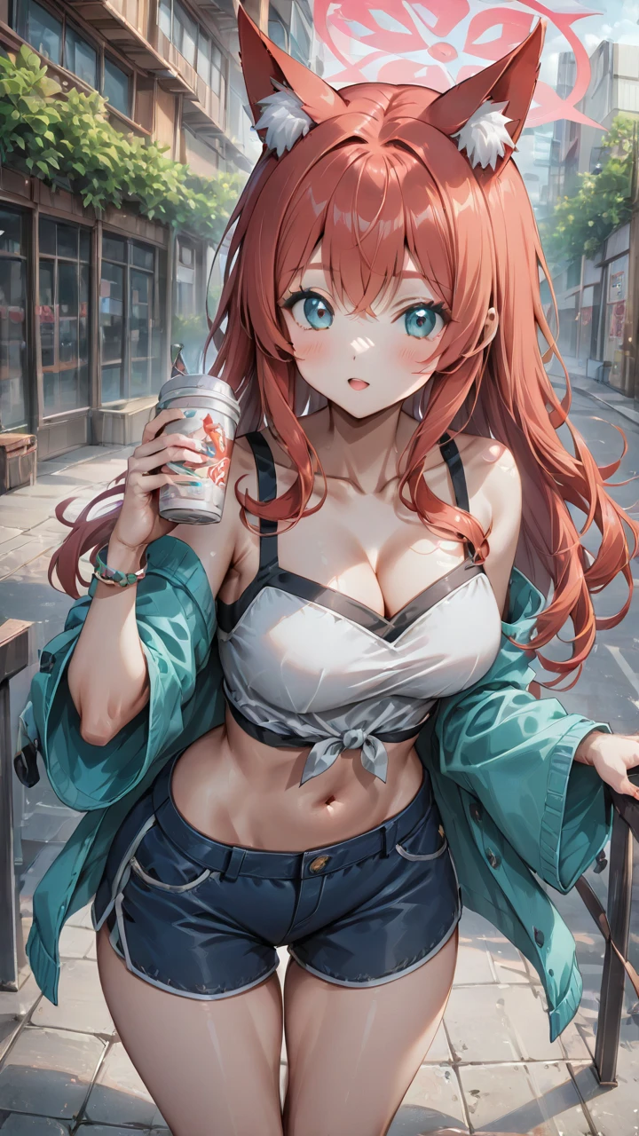 赤い髪と青い目をしたAnime Girls、（Huge Tits）, Loose T-shirt,No underwear, The shirt has less fabric,  (hot pants:1.2),魅力的なAnime Girls, Anime Girls con pelo largo, 美しいAnime Girls, かわいいAnime Girls, Anime Girls, かわいいAnime Girls, 最高のAnime Girls, Moe anime art style, Cute girl visual anime, 肖像画のAnime Girls, Anime Girls, 魅惑的なAnime Girls, (Anime Girls), 若いAnime Girls、Yellow star hair ornament、The frizzy hair on the top of the head
