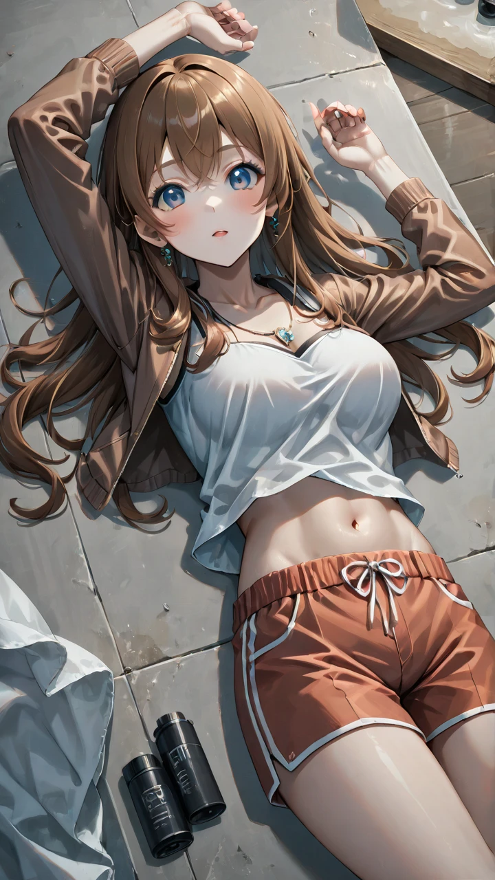 from above,overhead shot,onsen,(lying),(on back),1girl,(ultra detailed skin),curvy,,beautiful breasts,(large breasts),pale skin,pointy breasts,erect nipples,(fantasy art,Highest image quality,Hyperrealist portrait,(8k),ultra-realistic,best quality, high quality, high definition, high quality texture,high detail,beautiful detailed,fine detailed,extremely detailed cg,detailed texture,a realistic representation of the face,masterpiece,Sense of presence,Dynamic,bold),short hair,(ultra thin hair),(ultra soft hair),(ultra straight hair:1.5),Swept long bangs,extra light coppery amber hair,hair over one eye,clothed,baggy t-shirt,swimsuit