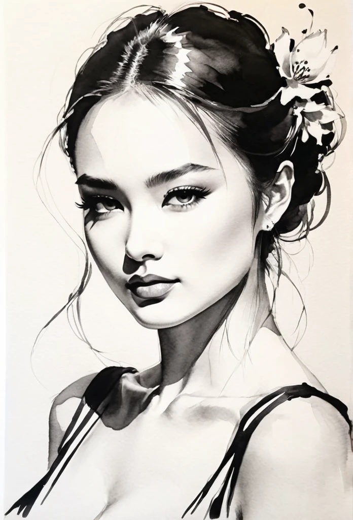 Elegant Maiden，black and white ink painting，Pen sketch，Gentle brushstrokes，Draw delicate lines with a pen，Fluid Action，Subtle ink shades，Graceful posture，Peaceful look，Delicate facial features，Black and White，clean