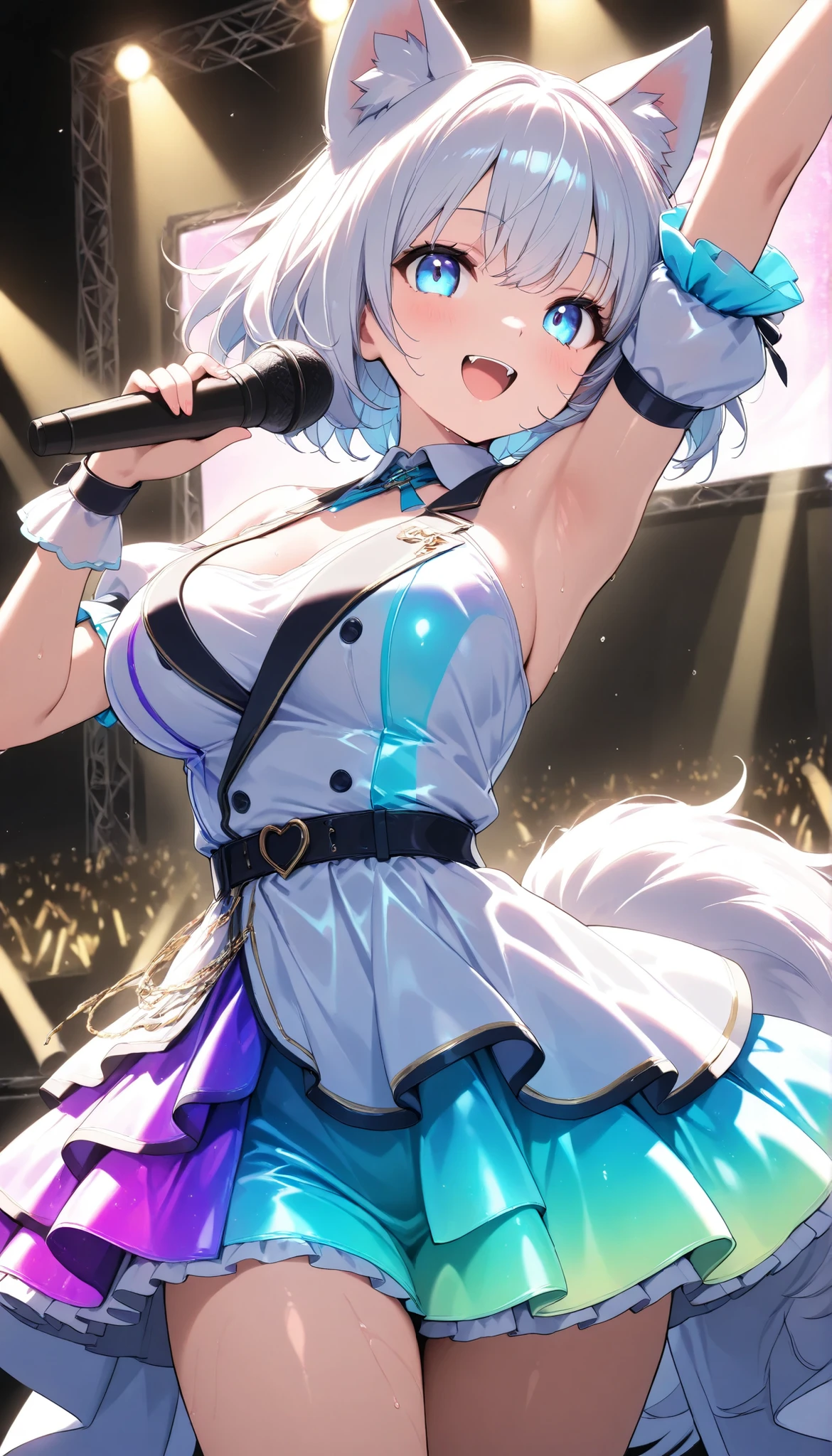 score_9, score_8_up, score_7_up, score_6_up, score_5_up, score_4_up, Embarrassed, (masterpiece:1.3, perfect details:1.3, best quality:1.3, 8k wallpaper), ((beautiful detailed eyes, clean eyes)), source_anime,
((1girl, wolf girl, white short hair, wolf tail,wolf ears, large breast, blue eyes, mouth with fangs)), (wet skin), looking at viewer, idol dress, singing on the stage, ((green Idol costumes, iridescent gradient dress, Iridescent Gloss Gradient dress)), idol-themed scene featuring young performers in dazzling, The performers should have dynamic, expressive poses, sparkling accessories, set on a glamorous stage with bright spotlights and a lively crowd in the background, steage, live stage, smile, Alluring expression, Music Stage, Festival