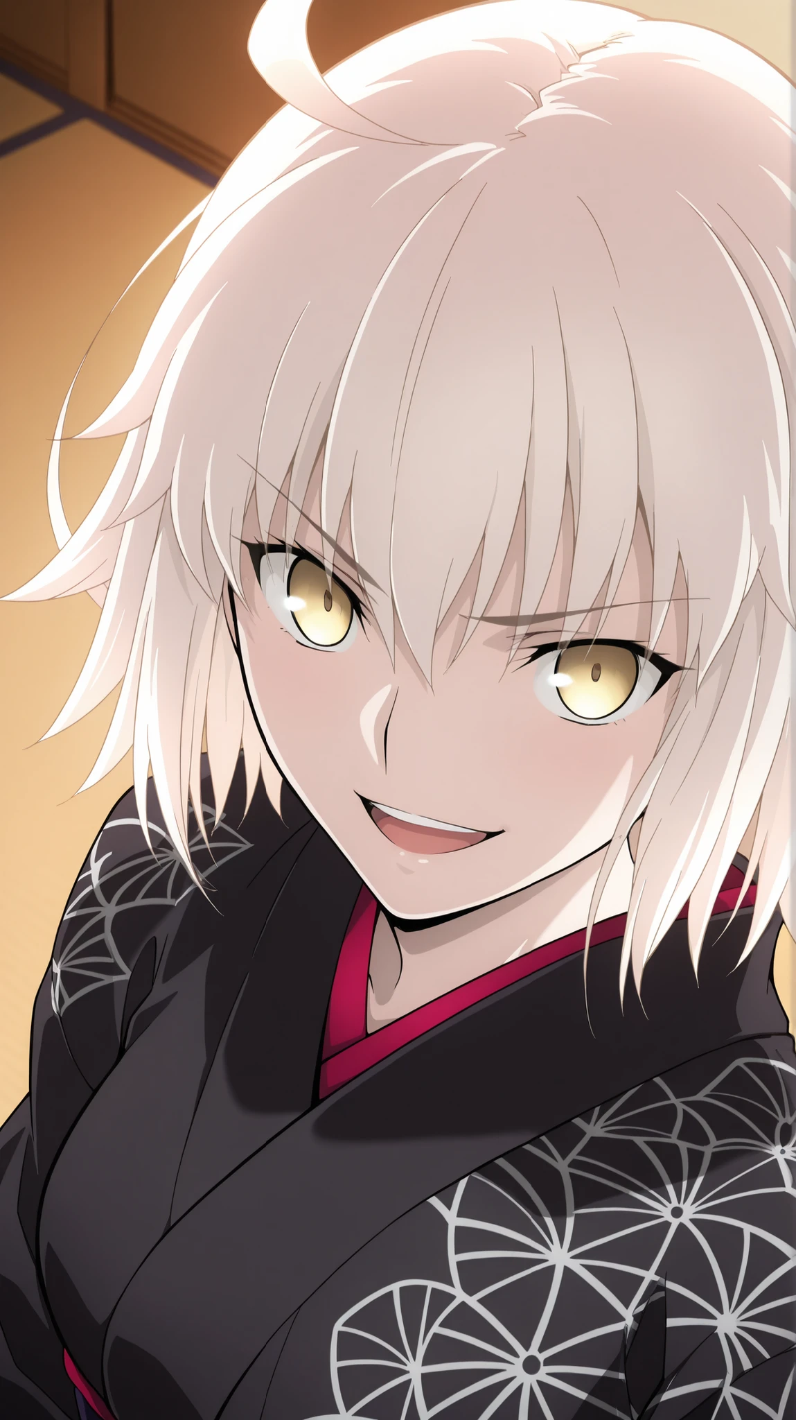 jeanne_d'arc_alter_(fate),
high resolution, masterpiece, necessary, detail, best quality, quality, necessary,, High details, precise,
solo,1girl, jeanne d'arc alter, Fate Grand Order, Fate, Fate Grand Order, jalter, white hair, yellow eyes, ahoge, short hair,
black kimono(Pattern),
Japanese-style room,
, close-up, looking at viewer, from above, upper body
, smile,open mouth,