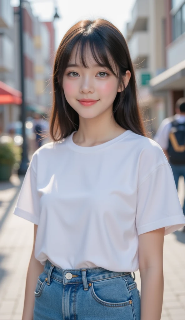 masterpiece, best quality:1.1), (8k, raw photo, photo realistic:1.2, f22), (shiny skin), detailed skin,long hair,detailed face, detailed eyes,smile,BREAK, real world, intricate details, smil, BREAK, 1girl, full body,(pink,short sleeves,black),BREAK, (city:1.4), BREAK