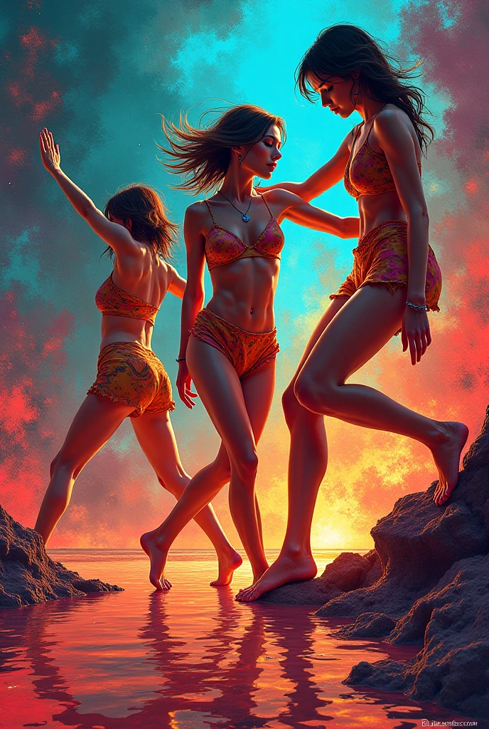 Three beautiful realistic woman sexy lingerie dressed in to a surrealistic tunnel, background an isometric model's bedroom, background jiungles with cascate, beautiful sky,  3d art, professional colors, soft lighting, high detail, artstation, concept art, behance, ray tracing