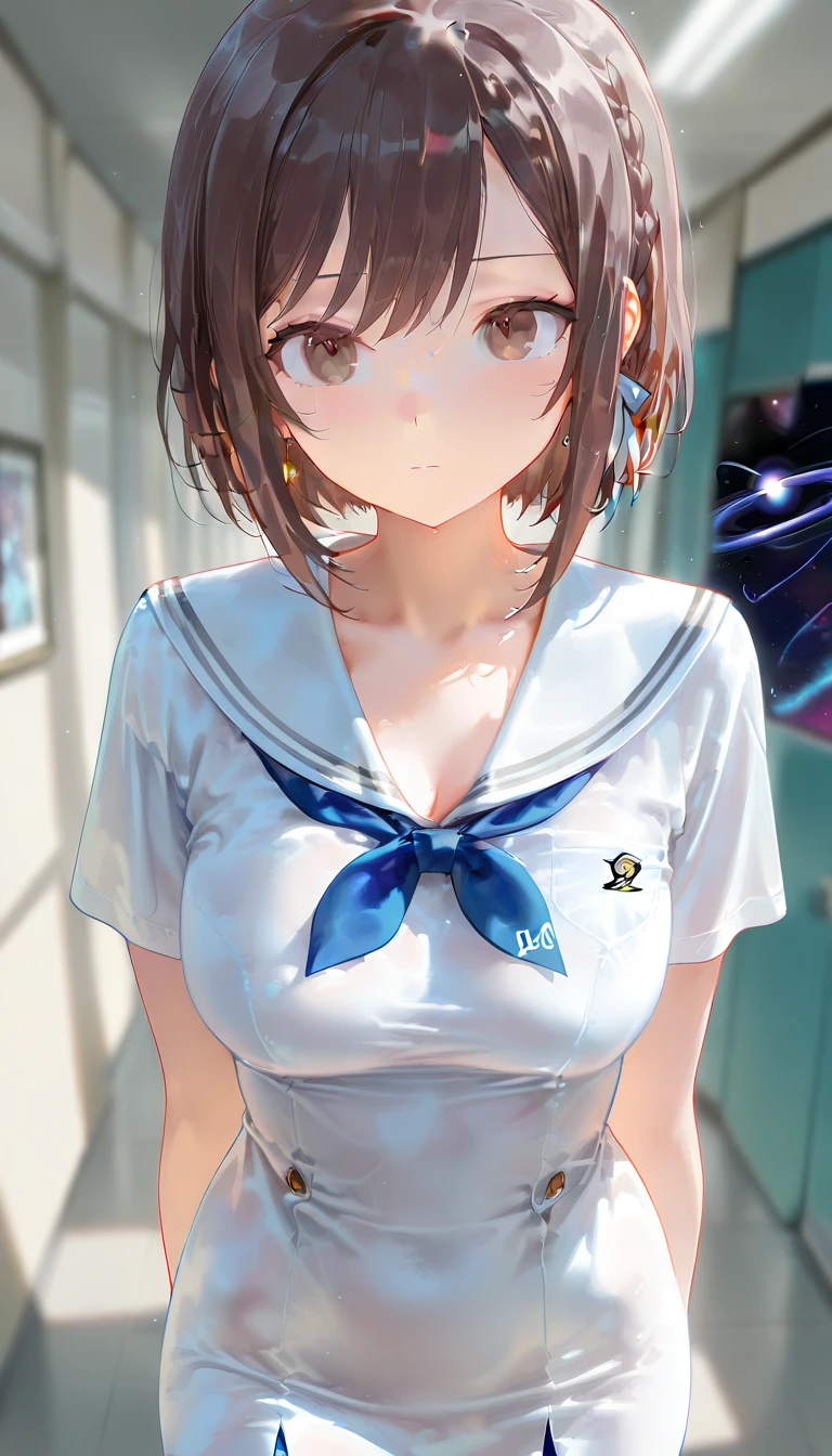 (highest quality:1.2, Very detailed, up to date, Vibrant, Ultra-high resolution, High Contrast, masterpiece:1.2, highest quality, Best aesthetics), Portraiture、girl、solo, (25-years-old:1), slim, , heterrochromia, green eye, red eye, Bright colors、Beautiful fine details、Beautiful lip detail、extra short hair, ((bob cut:1.5))、pink and purple, ((streaked hair:1.9)), (highlights hair: 1.6), (small breast:0.4), (wearing school swimsuit, (She has a white bib with her name "MIKU" written in large letters on her chest.)), swimming, (outdoor school pool:1), (cowboy shot:1.7)