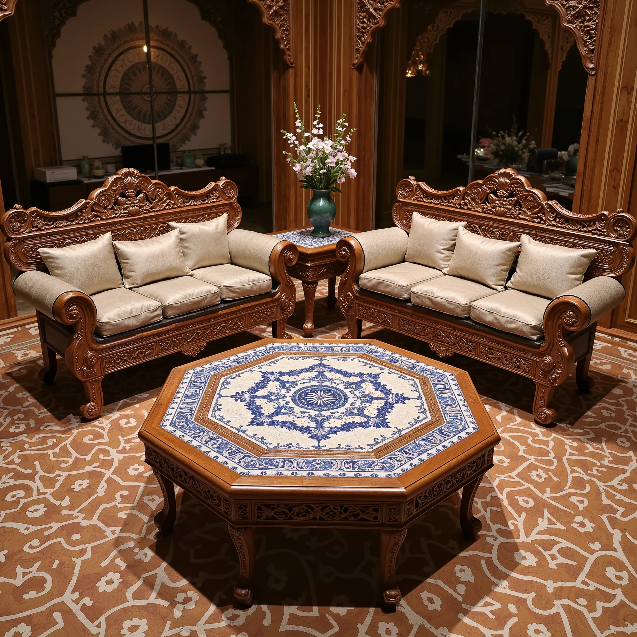 mughal, aka mughal, I want you to design a furniture suitable for Mughal architecture, so that the details of this furniture are clear. Let the furniture wooden carved flooring be decorated with geometric patterns printed with ajrap. Let this Furniture be a double berjer set. In the middle, let it be a wooden carved coffee table . Let the top table of the coffee table be made of tile. Let this tile resemble the Iznik tiles, let it be in blue and white tones. Have cushions to rest on the back of the bergers.