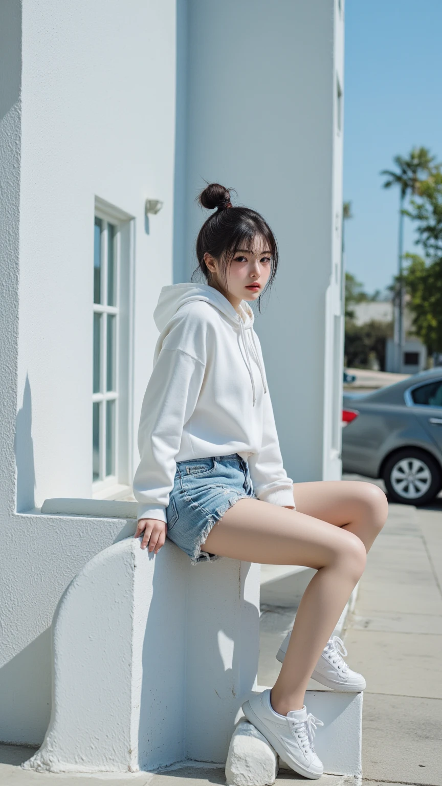 1girl,3d,one eye closed:1,city,Buildings,blue sky,looking at viewer,photorealistic,realistic,solo,