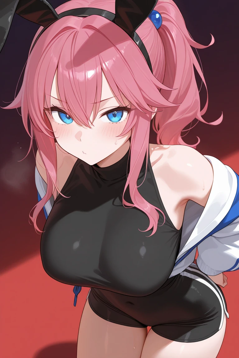 pink hair, def1, standing, upper body, simple background, indoors,flat chest, show tits