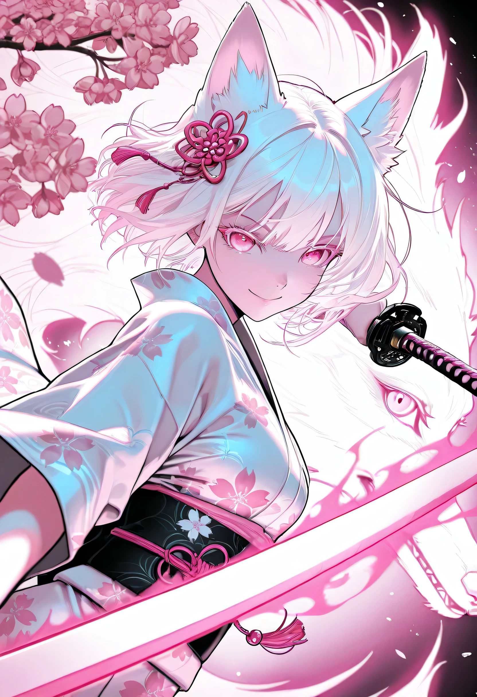 1girl, stylish yukata, long white hair,Colored eyelashes, bright pink eyes, breast, upper body,side view, dynamic angle, goddess fox, jewelry,hair ornament, mythical fox, nine tailed fox,orbs,pink color gradation,score_9,score_8,score_7_up,source_anime, manga style art, monochrome, Grayscale,HD, masterpiece, 8k wallpaper, Highly detailed, detailed face and eyes, perfect body, looking at viewer, smile, beautiful women, beast, Cherry blossom tree, floating Cherry blossom, stylish kimono with Cherry blossom pattern, fashion,aura,pink atmosphere, intricate detailed background, katana, intricate Katana fox katana, cinematic, action pose,