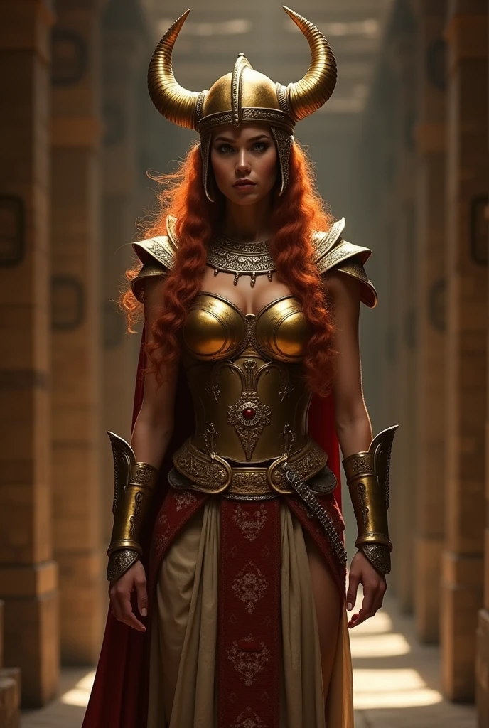 Fantasia、Babylonia、Ancient temples、Best Quality, Very high resolution, 4K Detail CG, master piece、aesthetics、Center the screen、Mysterious、Queen of Thrones、Ishtar, Goddess of War、Increase your fighting spirit、Great General、Be brave and bold、Veteran Hero、Beautiful mature woman in her 40s、Guardian of the Lions、refinement、noble、Proud、Wearing noble jewelry、The appearance is golden armor、tall and slender、long red hair、thirds rule、masutepiece