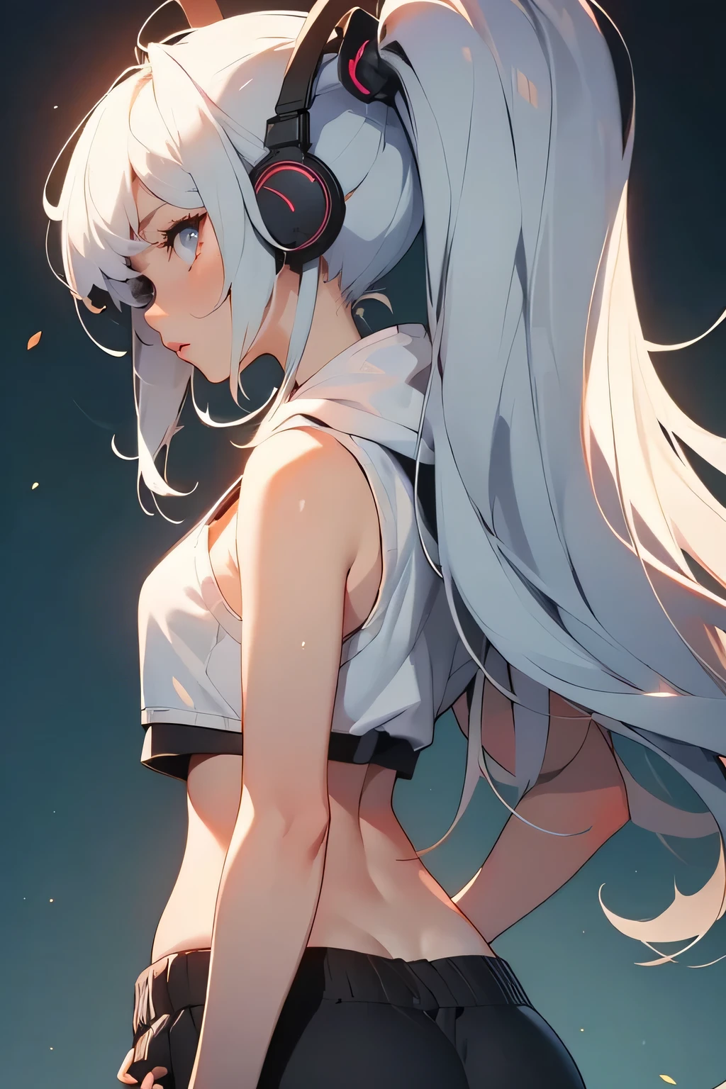n anime girl with silver twin tails slowly puts on her headphones while facing away from the camera. Her hair sways gently, and the back of her cropped hoodie lifts slightly as she raises her arms. As she lowers her hands, she subtly sways to an unheard rhythm. 10-second seamless animation loop, stylish and smooth, soft sensuality, no NSFW content.