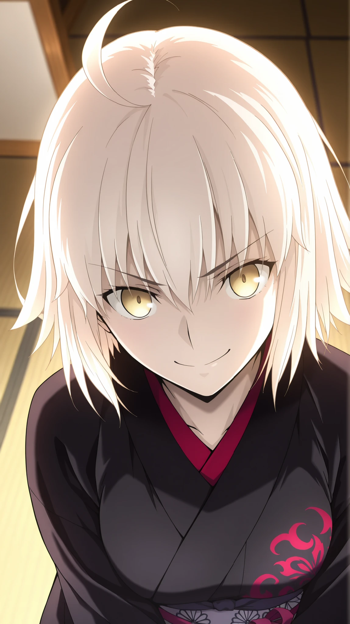 jeanne_d'arc_alter_(fate),
high resolution, masterpiece, necessary, detail, best quality, quality, necessary,, High details, precise,
solo,1girl, jeanne d'arc alter, Fate Grand Order, Fate, Fate Grand Order, jalter, white hair, yellow eyes, ahoge, short hair, 
black kimono(Pattern),
Japanese-style room,
, close-up, looking at viewer, from above, upper body
, smile,
