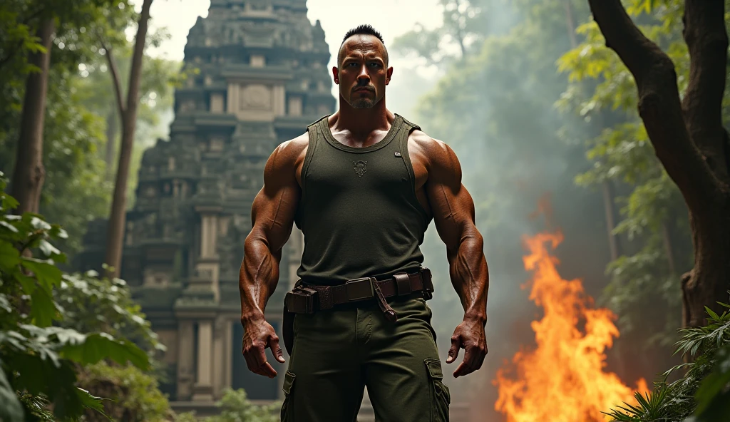Create realistic images a Thai man stand to the side and turn their heads to look forward. On the back, he carries a camouflage backpack. Both hands gripped the hilt of the Katana sword. Clothes were stained and partially torn. Standing in the middle of a road full of overturned car wreckage. The background is an abandoned building. Thai style building and there is a large yellow Buddha statue.
