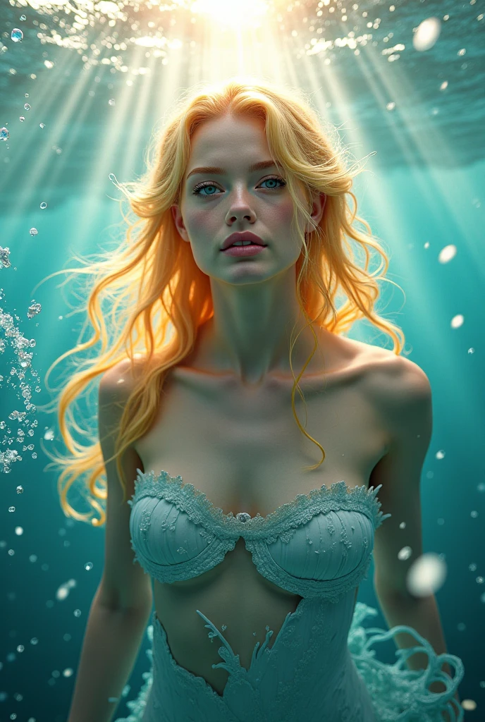 Gorgeous sexy beautiful realistic woman with freckly breasts, ripped wet jeans, underwater in her thirties on field with cotton and roses, with freckles and blonde curls and skindetails during golden hour, skin with beautiful nostalgic mood and freckles with emotive face with wet skin and petals falling and dandelion seeds flying and dramatic light play --auto --s2