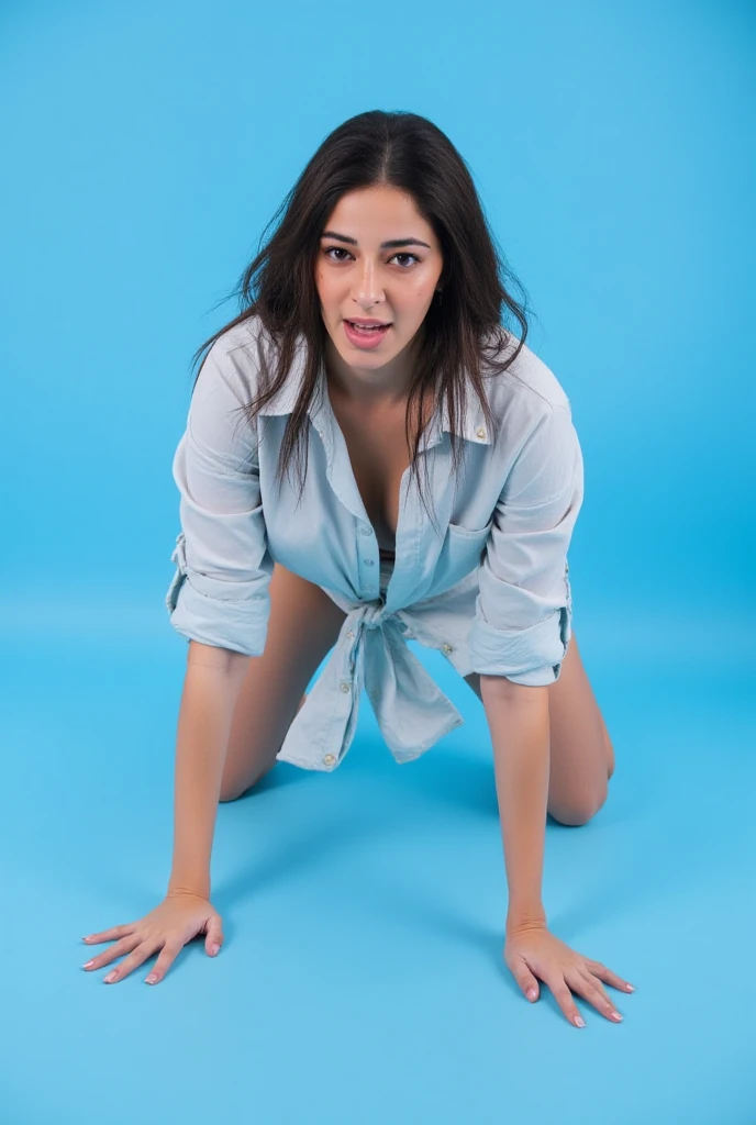 Light brunette woman in a purple top and blue shorts sitting in an armchair with her legs crossed, sitting on bent knees, half-length photo, half-body close-up, seductive sitting pose, leg and hip photo, side portrait, back photo, big thighs, beautiful woman with perfect body, doing sassy pose, 40 year old woman, full body sarcastic pose, photo shoot, lewd pose. Shapely woman in purple top and blue shorts posing for a photo, arms to the side, violet tight top, half body close up, full body portrait photo, full body, full body photography, centered full body photo, woman 40 years old, 4k, portrait photo, light violet tank top, profile photo, sweaty face, 3/4 solo portrait, suitable photo, black background. She is wearing a vibrant pink-purple sports tank top and mixed shorts (((blue-gray-green-black))), suggesting an active lifestyle or athletic attire for working out. Sharp photo, high quality, high resolution (ultra quality masterpiece), Ultra HD, high contrast, 16K. Masterpiece: 1.3, high resolution, (photographically realistic), NUDE, NUDITY, NFSW.