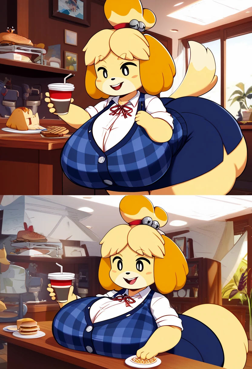 ((masterpiece:1.2)), best quality, ((extreme detail)), (official art), (ultra-detailed), anime screencap, extremely, detailed, (CG), 3d, anime, unity model, 8k, wallpaper, cowboy shot, no humans, furry female, isabelle, isabelle_(animal_crossing), animal crossing, (simple eyes), green skirt, animal nose, dog girl, 1girl, yellow fur, yellow skin, (button gap), wide hips, full body view, standing, formal outfit, furry, dog ears, huge breasts, (green tight miniskirt), tight fitting, (wrinkles in clothes), (bursting breasts), thick thighs, looking at viewer, tight clothes, cleavage,