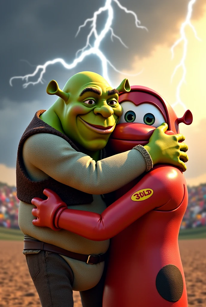 Crée moi une image de Flash McQueen qui embrasse Shrek