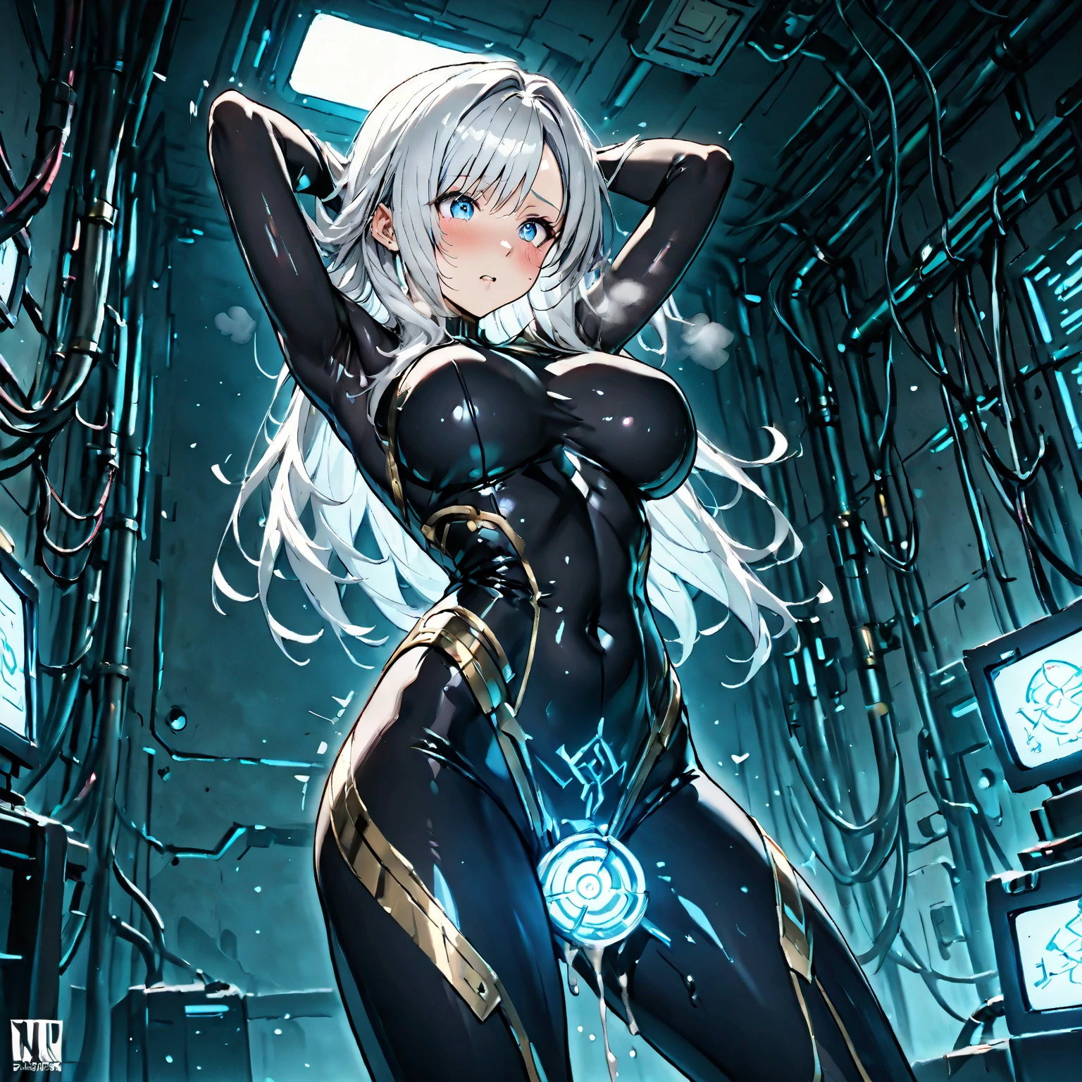 ((((masterpiece, 32K, high quality, very_high_resolution, large_filesize, full color)))), ((nsfw)), (((Hatsune Miku VOCALOID))), (twintails), ((long hair)), ((grey skin:1.4)), (silver metal hair), ((full nude)), upper body, (Limb restraints with arms outstretched), be taken in by a machin, ((Mechanical tentacles entwine around the body)), the body is part of the machine, fear and despair, both eyes closed, The body surface is dyed with a silvery film, silver skin, silver hair,restrained, (The machine takes in the girl), The lower body is assimilated with the machine, Ultimate physical beauty, ((inside the dark gundam cockpit)), (body glowing silvery), (super detailed skin), high resolution, anime style, (body_unite), (tentacles), (liquid metal girl)