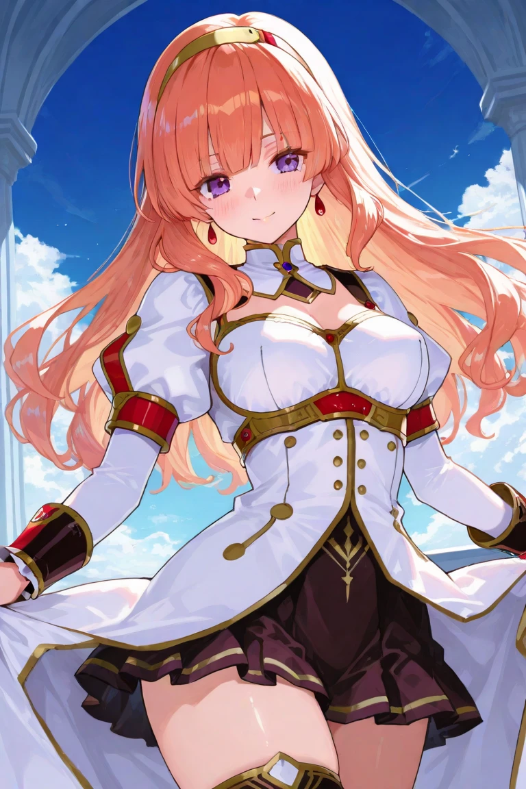 score_9, score_8_up, score_7_up, source_anime,masterpiece, best quality, high resolution, extremely detailed CG, absurdres, 1girl, solo, a girl in armor and a smaill crown holding a large sword, white_armor, golden decoration, red_dress, off-shoulder, thighhighs, long hair, side_ponytail, blond hair, leg armor, cleavage, small_crown, gloves, armor, white_gloves, high heels, off-shoulder armor, >:)