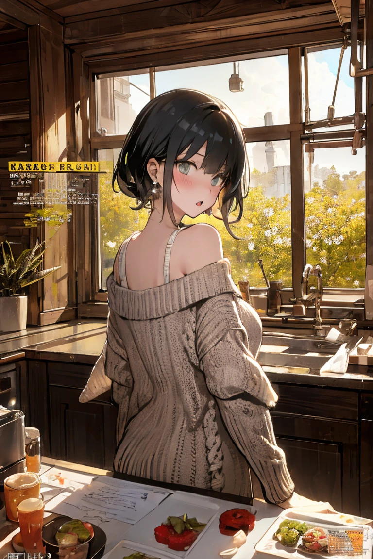 (from below:1.2), (perky chest:1.2), (pointed chest:1.2), 1girl, Bust A Cup, Amazing Cleavage:1.1, thin waist, big ass, Raised cute, small breast: 1.1 posed cleavage:1.2、solo, looking at viewer, have a cute glass of cute beer glass,black hair, dark green eyes, dress, bare shoulders, jewelry, collarbone, side locks, hairband, earrings, indoors, off shoulder, arms behind back, plants, short hair with long locks, gild hairband, off-shoulder dress, sweater dress, off-shoulder sweater, red sweater, dark gold hair, big side hair, very long side hair,is rendered in (masterpiece: 1.2, best quality), with (ultra high resolution) and an exquisite (depth of field). This masterpiece is not only visually stunning but also tells,A scene of cooking in the kitchen