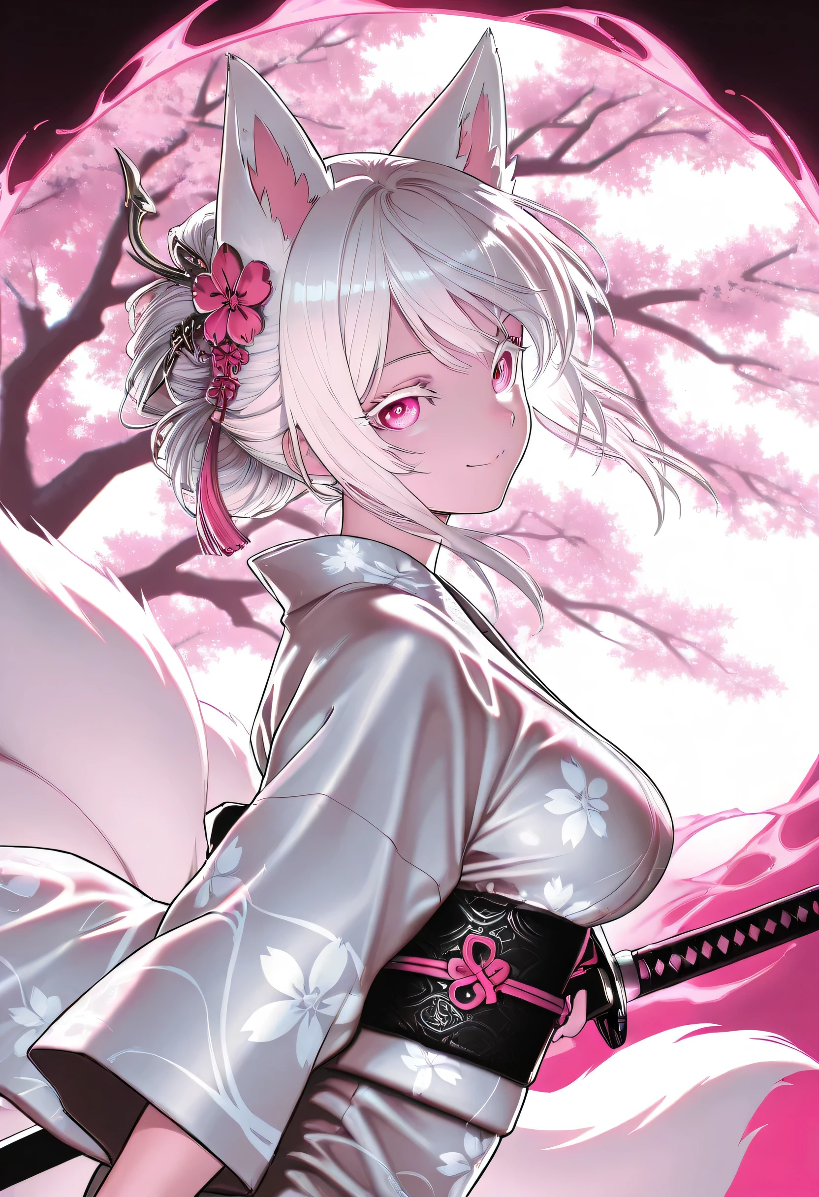 1girl, stylish yukata, long white hair,Colored eyelashes, bright pink eyes, breast, upper body,side view, dynamic angle, goddess fox, jewelry,hair ornament, mythical fox, nine tailed fox,orbs,pink color gradation,score_9,score_8,score_7_up,source_anime, manga style art, monochrome, Grayscale,HD, masterpiece, 8k wallpaper, Highly detailed, detailed face and eyes, perfect body, looking at viewer, smile, beautiful women, beast, Cherry blossom tree, floating Cherry blossom, stylish kimono with Cherry blossom pattern, fashion,aura,pink atmosphere, intricate detailed background, katana, intricate Katana fox katana, cinematic, action pose,