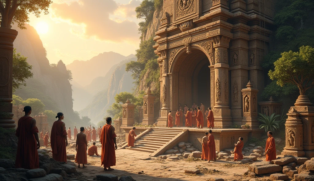 Temple construction scene with ancient artisans and devotees - SeaArt AI