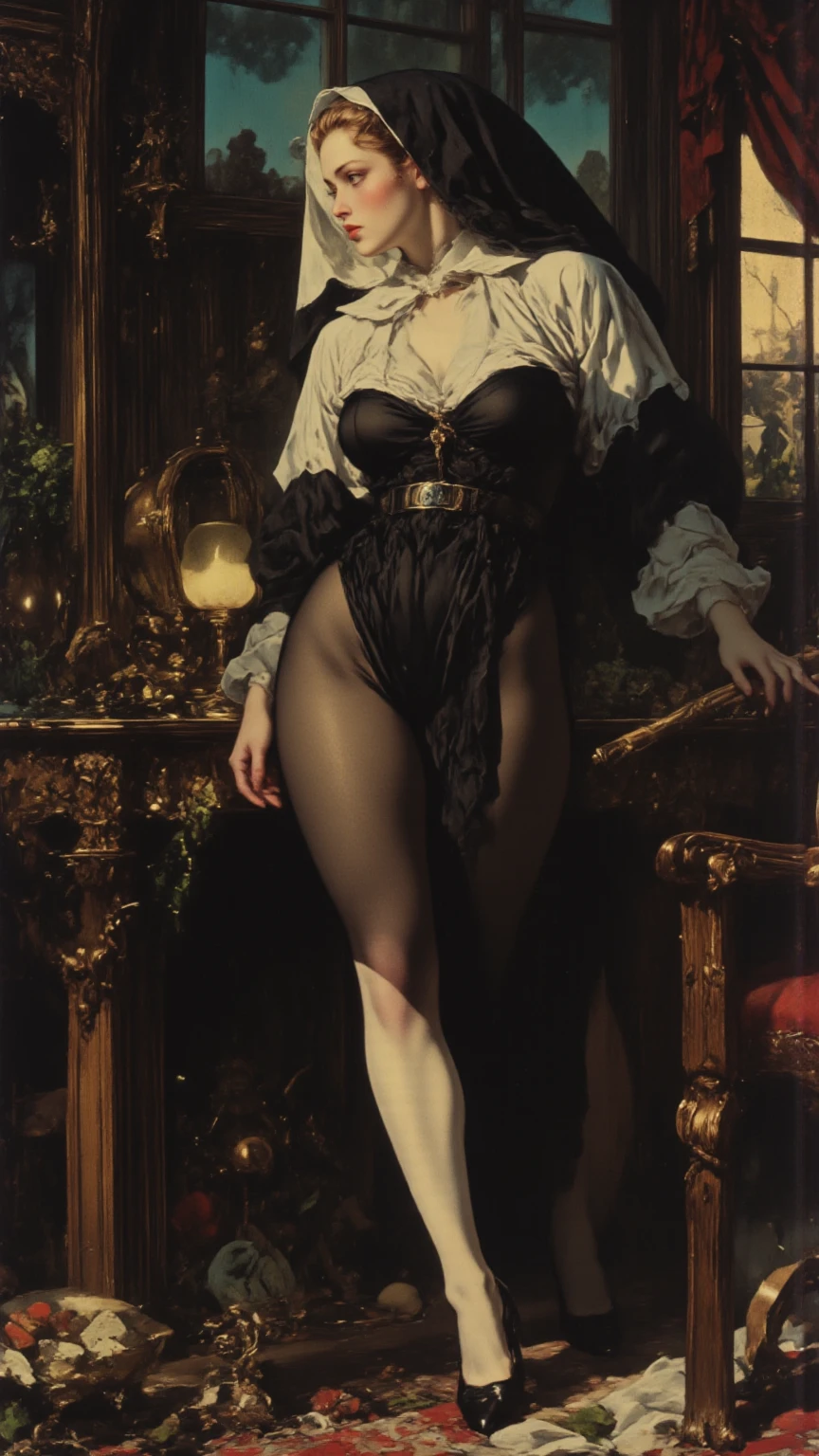((ultra realistic illustration:1.3)), (full body:1.4), Beautiful 18 yo woman of Scottish descent. Brunette, blue eyes, sexy figure, natural breasts, perfect ass, (bob cut),(bangs), Eyeglasses, cardigan, dress, black tights. high heels. Cute smile. Masterpiece, (highly detailed:1.2),(detailed face and eyes:1.2), 8k wallpaper, Moody lighting. core shadows, high contrast, bokeh.