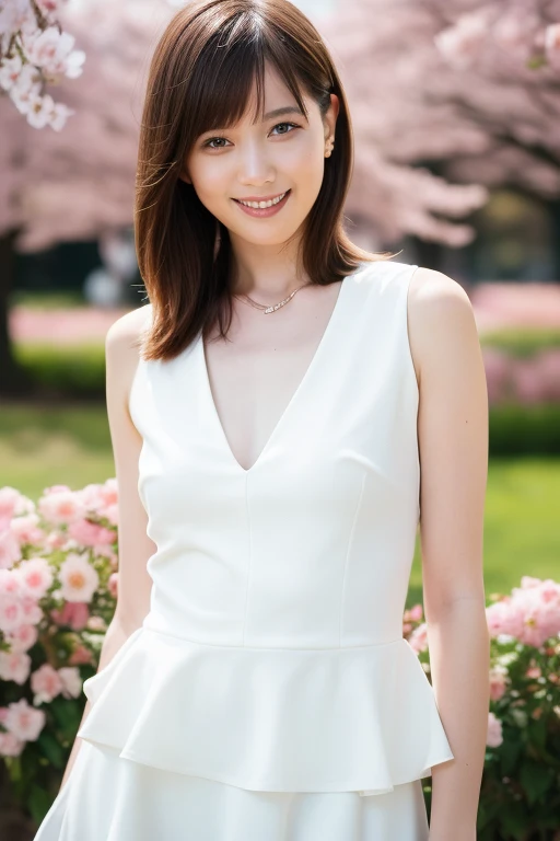 最high quality, In 8K, Masseter region, Vibrant, Sharp focus, high quality, High resolution, Detailed face, fine grain, Thick lips, (Looking at the audience), Alone, Beautiful woman, 38 years old, Japanese women, （Short black hair:1.4）, Cleavage, Lunch break、Large city park、Green Grass、（Standing in the park:1.3）、（Full body photo:1）、（White formal dress:1.5）、（Knee-length dresses:1.5）、（Black pumps:1.5）、（Red lipstick:1）、（smile:1.3）、（standard body type）、（C cup breasts）