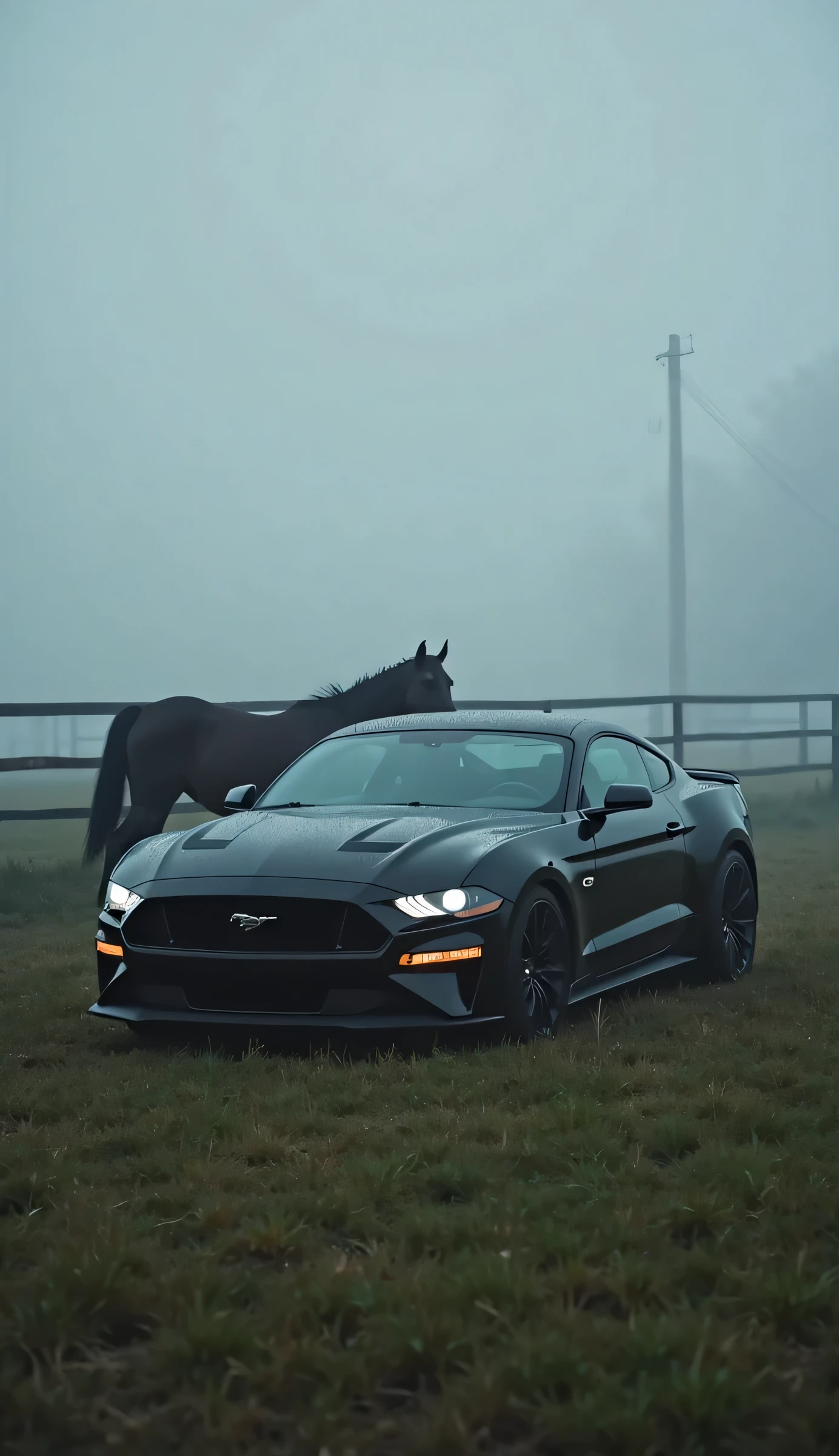 Carro Mustang, with a thoroughbred black Mustang horse behind the car realistic image