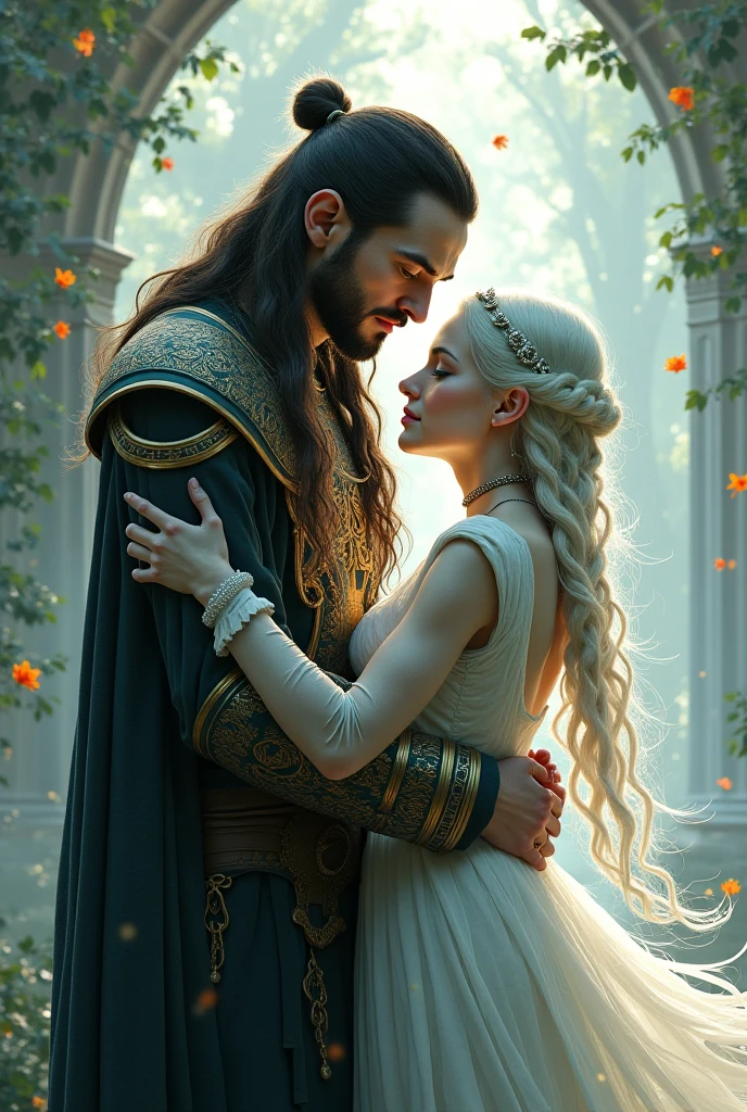 Sacred rebels, an extremely attractive couple. Dark bearded bald shaman man. Blonde fairie-like extremely beautiful woman dressed in pink. Side by side, facing the camera.
