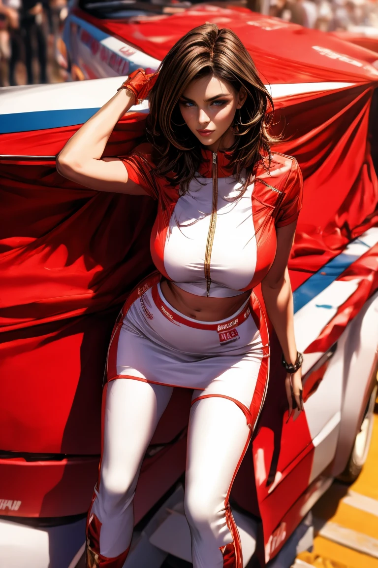 (work of art, best qualityer), absurdists, retro, miami, sunset, ferrari, palm tree, 90's, Red hair, braids, white thigh highs, that's why, short jacket, high-waist, waist belt, latex shorts, bloated camel, background red,