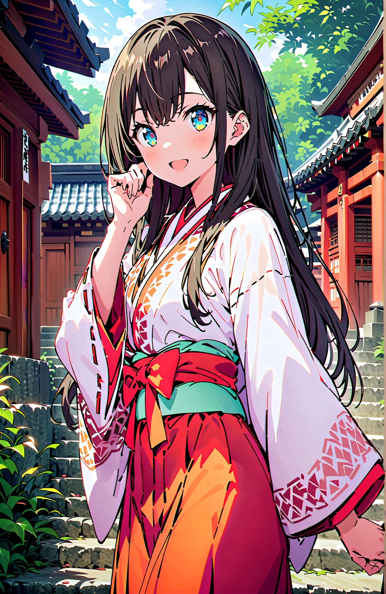 score_9, score_8_up, score_7_up, source_anime, It's because of Rikkata, black hair with a young pattern, blue eyes, long hair, orange scrunch, scrunchie, Wrist Scrunches , smile,cover,Open Your Mouth,Orange wrist scrunch, Shrine maiden, kimono, object, Red Hakama Skirt , Wide Sleeves, long sleeve, ribbon trim sleeve,Sandals, white socks, standing on a stone staircase,noon,full bodyがillustrationsに入るように,break outdoors, shrine,
break looking at viewer,full body,
break (masterpiece:1.2), Best Quality, high resolution, Unity 8k 壁紙, (illustrations:0.8), (beautiful detailed eyes:1.6), very detailed face, so that it fits into the illustration, Extremely Detailed CG, (perfect hand, perfect anatomy),