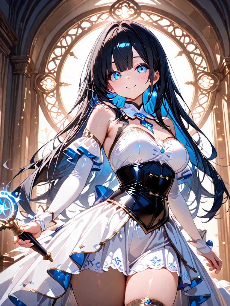 ((masterpiece, best quality)), Delicate face，Magician，Gold and blue，whole body，Standing picture，Long legs，Large Breasts，Gradient long wavy hair，Perfect body proportions，Beautiful blue eyes，Extremely beautiful，transparent， Pure white background，Blue Rose，Erotic_lingerie，Sexy_Bikini，Lace，Garter stockings