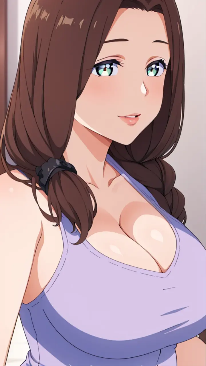 One Girl, masterpiece, Highest quality, Very detailed, (shape), Brown Hair, Long Hair, Low Ponytail, Braiding, Parted bangs, View your viewers, Glossy Lips, Lips parted, Perfect lighting,, Cleavage, T-shirt maxi dress、Pregnant women