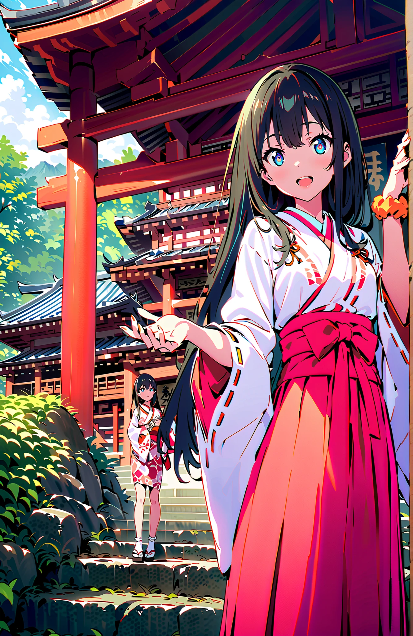 score_9, score_8_up, score_7_up, source_anime, It's because of Rikkata, black hair with a young pattern, blue eyes, long hair, orange scrunch, scrunchie, Wrist Scrunches , smile,cover,Open Your Mouth,Orange wrist scrunch, Shrine maiden, kimono, object, Red Hakama Skirt , Wide Sleeves, long sleeve, ribbon trim sleeve,Sandals, white socks, standing on a stone staircase,noon,full bodyがillustrationsに入るように,break outdoors, shrine,
break looking at viewer,full body,
break (masterpiece:1.2), Best Quality, high resolution, Unity 8k 壁紙, (illustrations:0.8), (beautiful detailed eyes:1.6), very detailed face, so that it fits into the illustration, Extremely Detailed CG, (perfect hand, perfect anatomy),