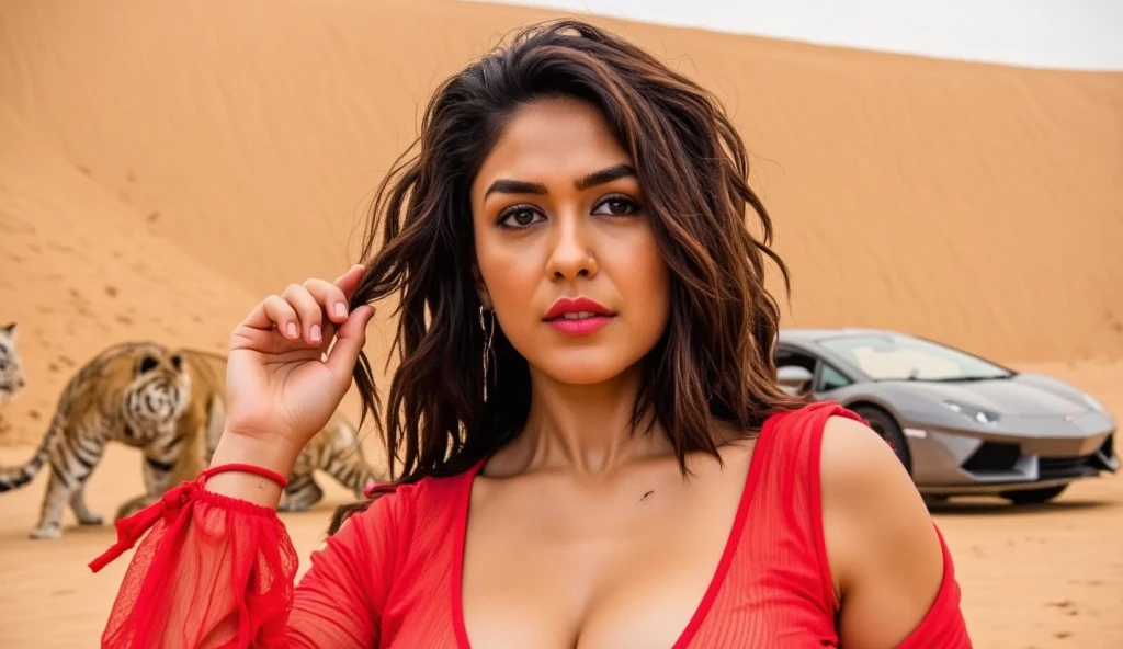 extreme close up full body photo of naked pranitha, curvy, hourglass figure, swooping breasts, deep cleavage, seductive eyes, look at viewer, seducing on road, necklace, denim jacket, no bra, visible nipples,red lips, remove bra, sultry, ponytail, (cinematic:1.3), intricate details, (ArtStation:1.2)