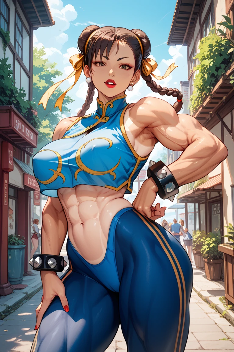 chun li,Masterpiece, Best Quality, 1girl, report, crop-top, jean shorts, Choker, (graffiti:1.aint splatter, (Hands Behind Your Back), Against a wall, looking a viewer, A bracelet, thigh strap, Paint on the body, tilt of head, bored, fiery hair color, Rainbow-colored eyes,chun li