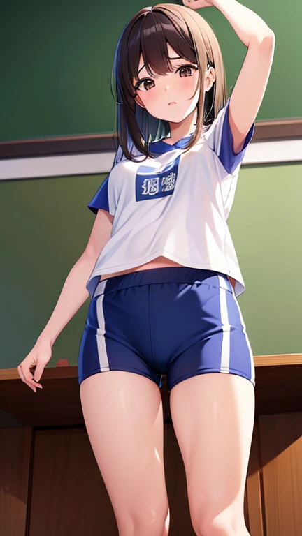 joven japonesa, , mejorar, alumno, sujetador deportivo blanco, minifalda azul, Calcetines altos blancos,  Cuerpo, Delgado, pechos planos, Piernas gruesas, Delgado waist, gimnasio de la escuela, sweaty Cuerpo, cinematic lighting
