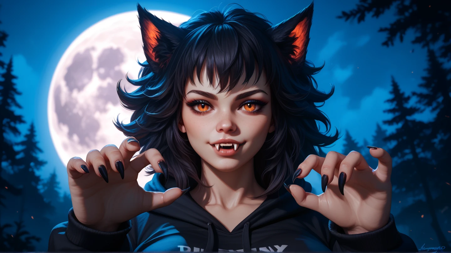 cleavage (anime cute sharp teeth:1.2), closeup cute vampire 1girl eyes focus hyper realistic woman bend over with a black cat, bob cut pink hair, (black leather cat jumpsuit, cat ears:1.3), (black cats:1.5) on bed, natural lighting, dark room, high contrast, (masterpiece:1.2), (high resolution:1.2), (best quality:1.1), (HDR), (cinematic lighting), (sharp focus)