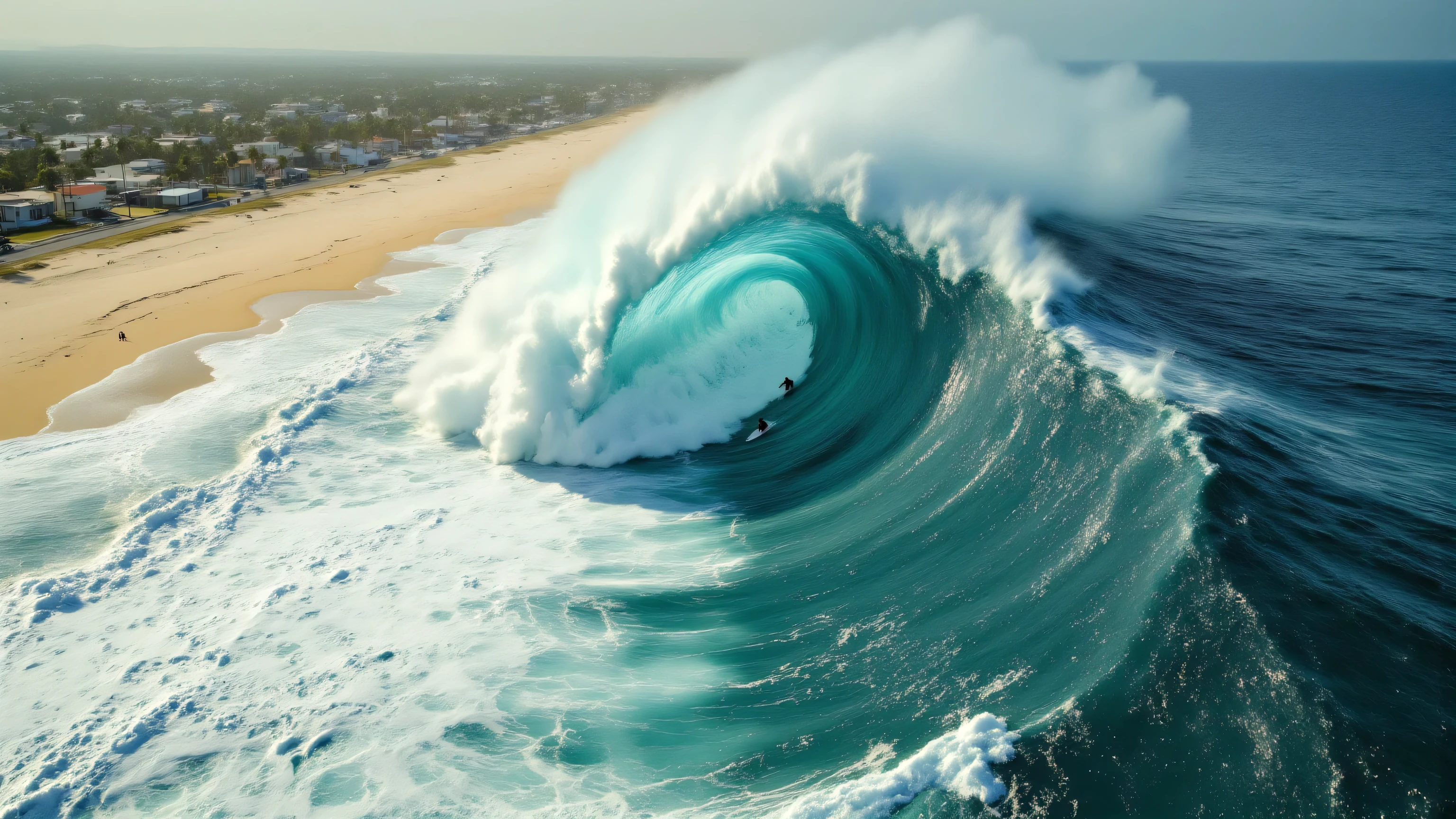 An extremely wide, photorealistic aerial image taken from high above and slightly offshore, looking inland toward a beach town that stretches along the coastline. In the distance, rows of buildings, roads, and palm trees are visible, bathed in warm light.

From the vantage point over the ocean, a colossal tidal wave is captured mid-surge, advancing directly toward the shore. The wave’s massive face is curved inward, its white-crested top just beginning to collapse forward, clearly rolling toward land with unstoppable force.

On the open face of the wave, a tiny surfer—visibly human but distant—is riding the wall of water, leaning into the motion. His small size emphasizes the scale and danger of the wave, and the viewer sees him moving in the same direction as the wave’s momentum: directly toward the coast.

The image conveys a surreal sense of scale, awe, and reckless courage as nature and human will collide in one frozen, impossible moment.
