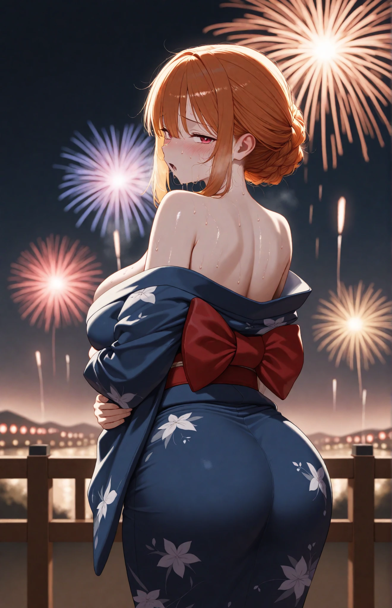 (Highest quality,4K,8k,High resolution,masterpiece:1.2),Very detailed,32-year-old woman、(((Mature Woman))), (((Mature Woman))), 独奏, from below, looking back, Seduce viewers, place both hands on the bench, g-string, blush、Ass Focus、back shot, Large Breasts, Cleavage、Beautiful Eyes、Orange Hair、Moss green eyes、Red lips, ((ponytail)), (Drill Hair), ((forehead)), Very cute face, Glossy Lips, Double eyelids on both eyes,Natural smile、Tight waist、Sexy ass、Natural Makeup, Long eyelashes, Shiny and smooth hair、Japanese yukata costume、Long legs、geta、Flower Hair Ornaments、night、Fireworks display、Colorful fireworks、Shallow depth of field