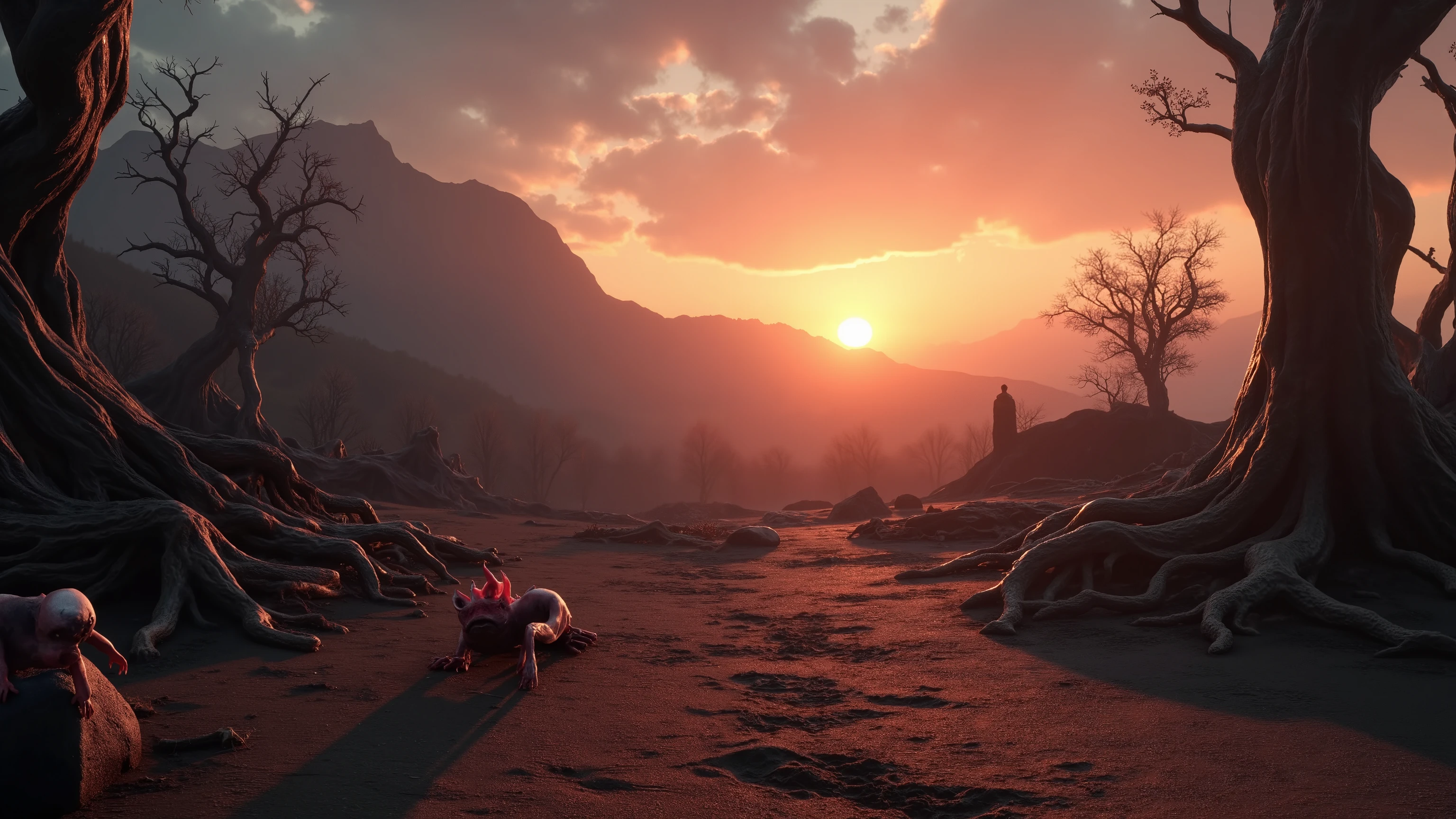 A solitary zombie sits on a crumbling stone bench, gazing wistfully at a sunset sky painted in vibrant hues. Their tattered clothes flutter in the breeze, a stark contrast to the serene beauty surrounding them.