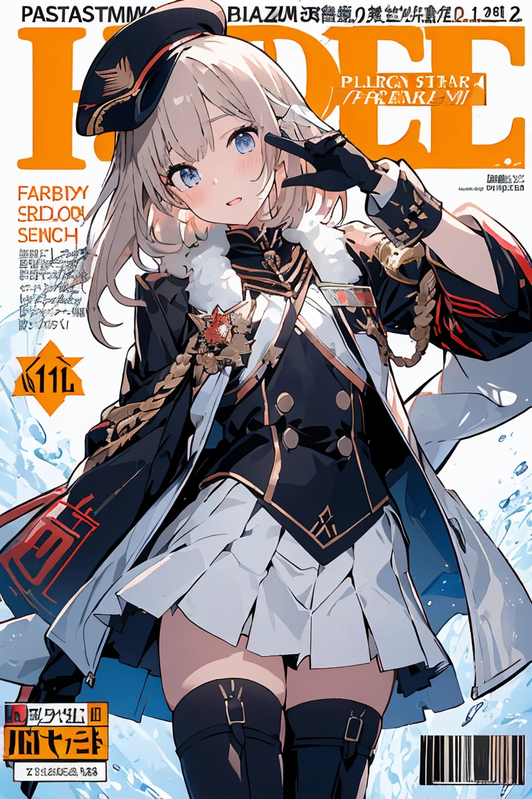 (masterpiece:1.2), (Military uniform magazine cover:1.4),best quality,PIXIV,Sweet girl , sexy posture,1girl, (perky chest:1.2), rolling upskirt by wind:1.6, (with sparkling eyes and a contagious smile),open mouth, (pointed chest:1.2),fishnets, black hair, boots, long hair, black nails, skirt, shirt, black footwear, bag, black skirt, jewelry, jacket, thigh strap, bangs, necktie, earrings, nail polish, multicolored hair, looking at viewer, full body, bottle, own hands together, belt, jacket on shoulders, food, cats on head, ring, choker, english text, collared shirt, blue eyes, hat, lace-up boots ,masterpiece、highest quality、Very detailed、An illustration、Beautiful fine details、One Girl、cute、Detailed landscape、Training Room Background:1.4、Platinum Blonde Hair、Braided Ponytail、Red camisole、((c cup breasts, Tank top showing underboob:1.4))