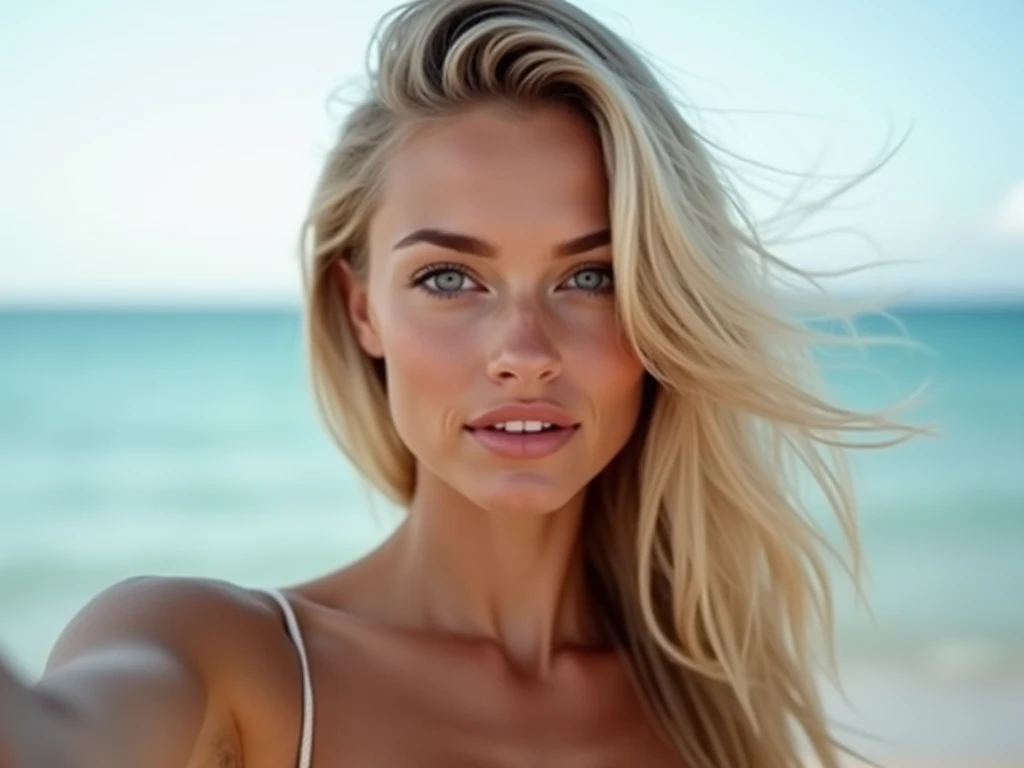 Super beautiful blonde woman with natural green eyes, sensual body modeling white swimsuits