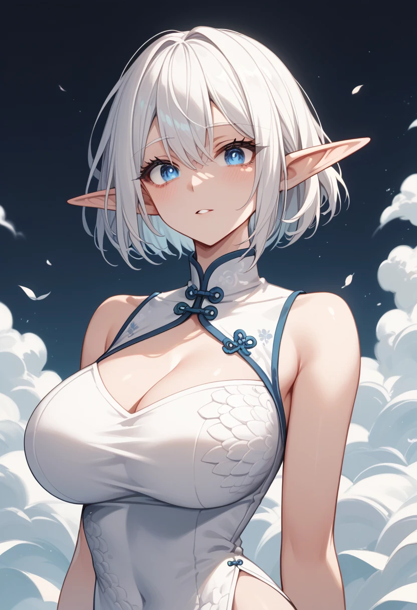 (huge breasts), (((masterpiece, best quality))), cute girl, bare shoulders, ((extremely detailed girl)), elf, long silver hair, yukata, happy